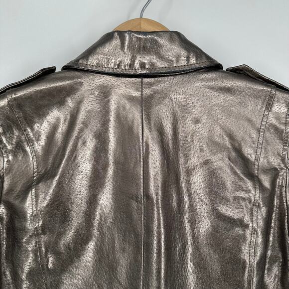 ZARA Genuine Leather Jacket Silver Metallic Belted Moto Biker Jacket - Picture 11 of 16